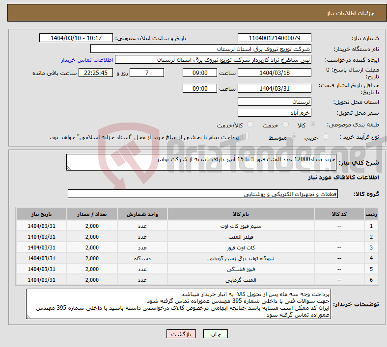 تصویر کوچک آگهی نیاز انتخاب تامین کننده-خرید تعداد12000 عدد المنت فیوز 3 تا 15 آمپر دارای تاییدیه از شرکت توانیر