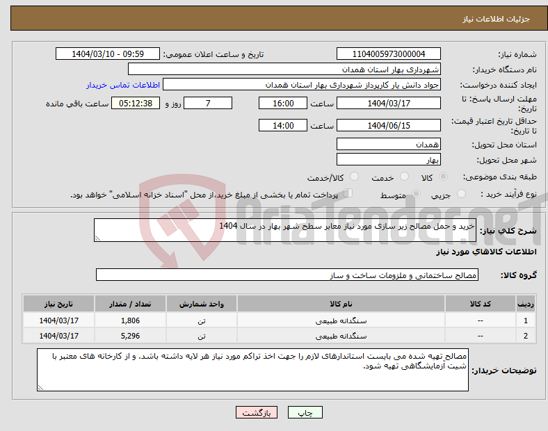 تصویر کوچک آگهی نیاز انتخاب تامین کننده-خرید و حمل مصالح زیر سازی مورد نیاز معابر سطح شهر بهار در سال 1404