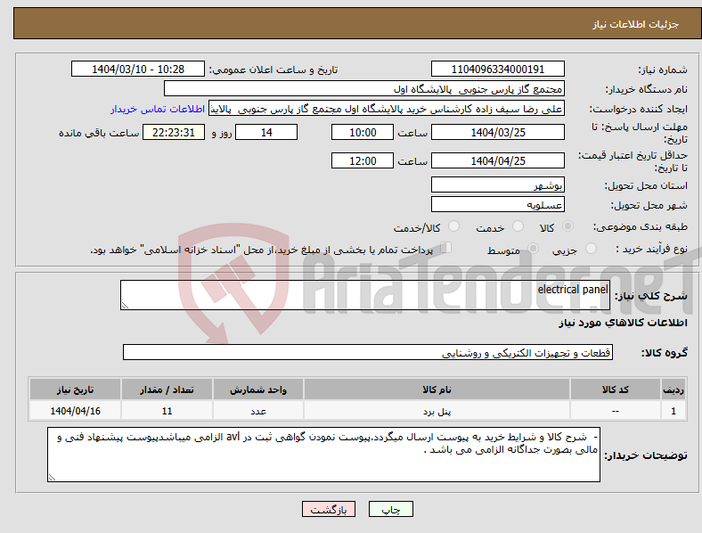 تصویر کوچک آگهی نیاز انتخاب تامین کننده-electrical panel