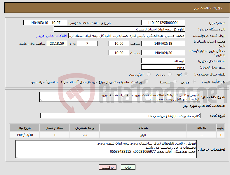 تصویر کوچک آگهی نیاز انتخاب تامین کننده-تعویض و تامین تابلوهای نمای ساختمان دورود بیمه ایران شعبه دورود توضیحات در فایل پیوست می باشد.