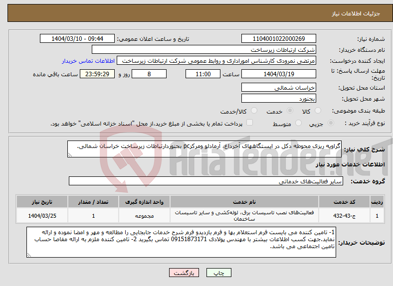تصویر کوچک آگهی نیاز انتخاب تامین کننده-گراویه ریزی محوطه دکل در ایستگاههای آخرداغ، آرمادلو ومرکزpc بجنوردارتباطات زیرساخت خراسان شمالی.