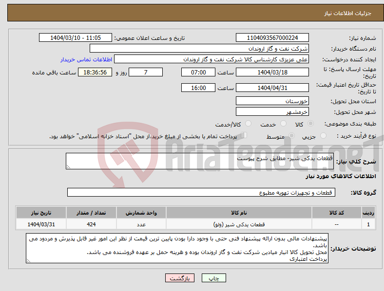 تصویر کوچک آگهی نیاز انتخاب تامین کننده-قطعات یدکی شیر- مطابق شرح پیوست