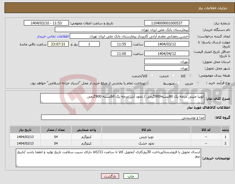 تصویر کوچک آگهی نیاز انتخاب تامین کننده-لوبیا چیتی درجه یک 60بسته900گرمی / نخود آش درجه یک 60بسته 900گرمی