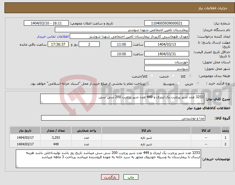 تصویر کوچک آگهی نیاز انتخاب تامین کننده-3253 عدد شیر پرچرب یک لیتری و 449 عدد شیر پرچرب 200 سی سی 