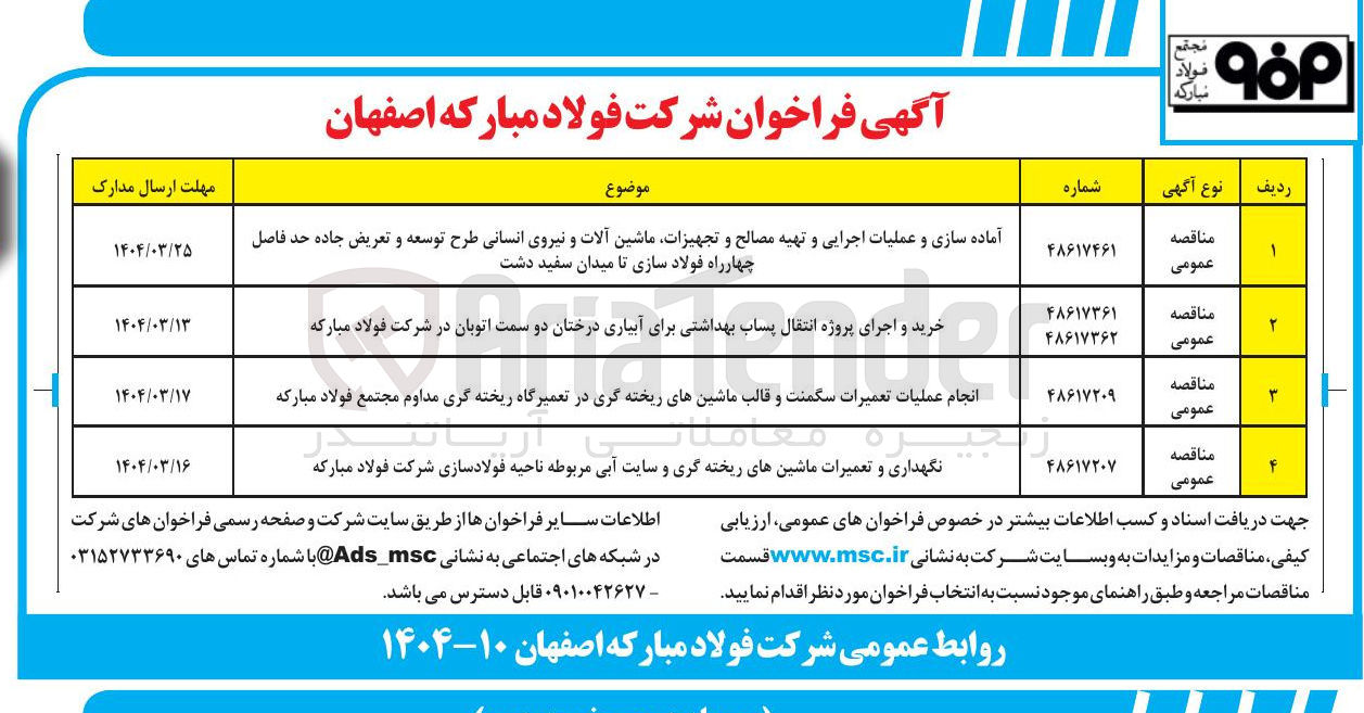 تصویر کوچک آگهی نگهداری و تعمیرات ماشینهای ریخته گری و سایت آبی مربوطه ناحیه فولادسازی 