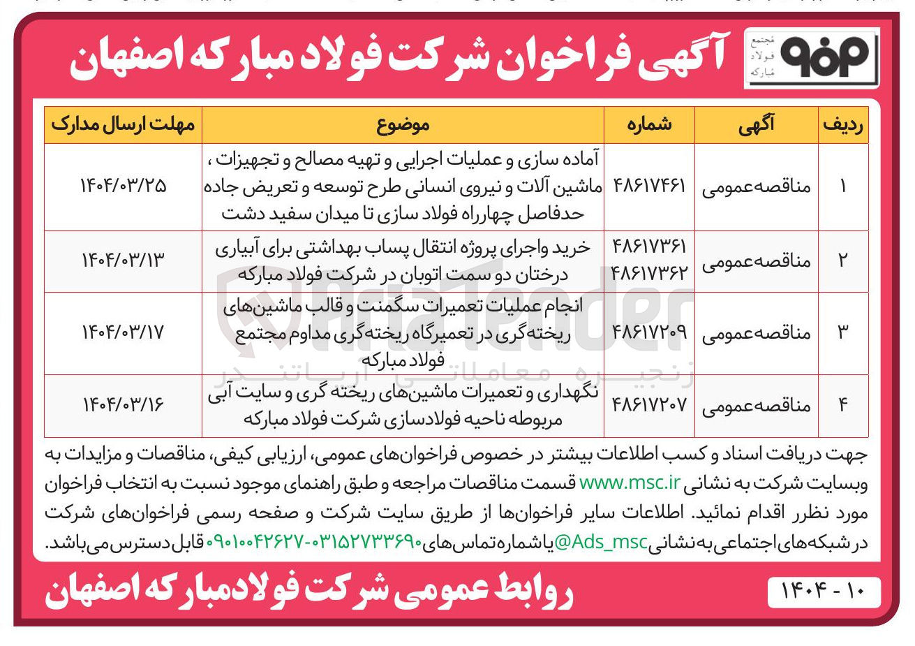 تصویر کوچک آگهی نگهداری و تعمیرات ماشینهای ریخته گری و سایت آبی مربوطه ناحیه فولادسازی