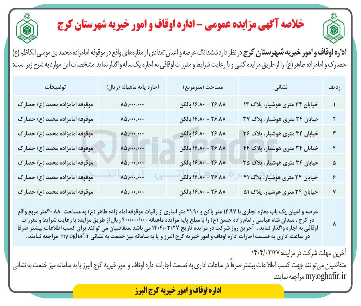 تصویر کوچک آگهی اجاره ششدانگ عرصه و اعیان تعدادی از مغازه ها در 8 ردیف با کاربری تجاری