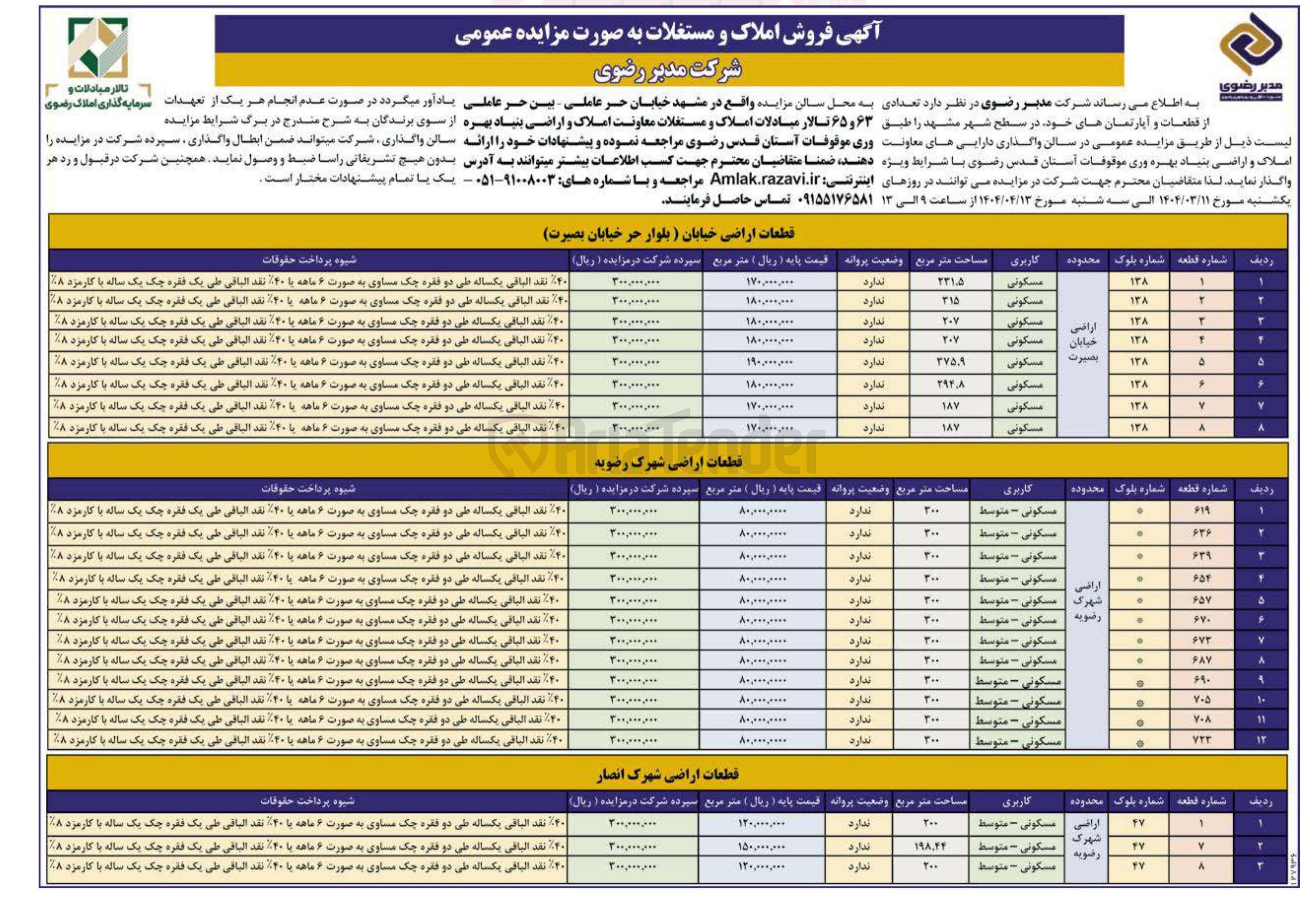 تصویر کوچک آگهی فروش تعدادی از قطعات و آپارتمان ها در 23 ردیف 