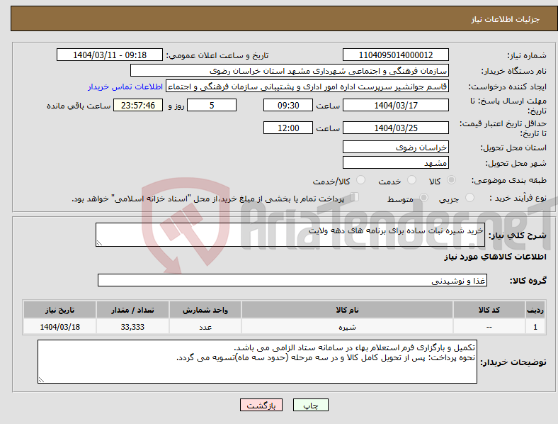 تصویر کوچک آگهی نیاز انتخاب تامین کننده-خرید شیره نبات ساده برای برنامه های دهه ولایت