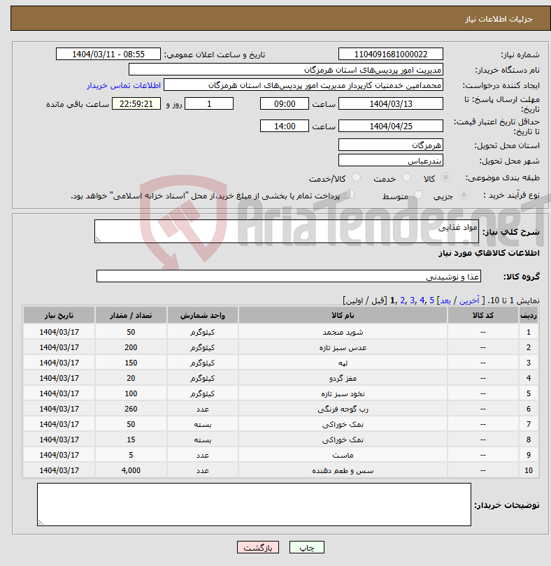 تصویر کوچک آگهی نیاز انتخاب تامین کننده-مواد غذایی