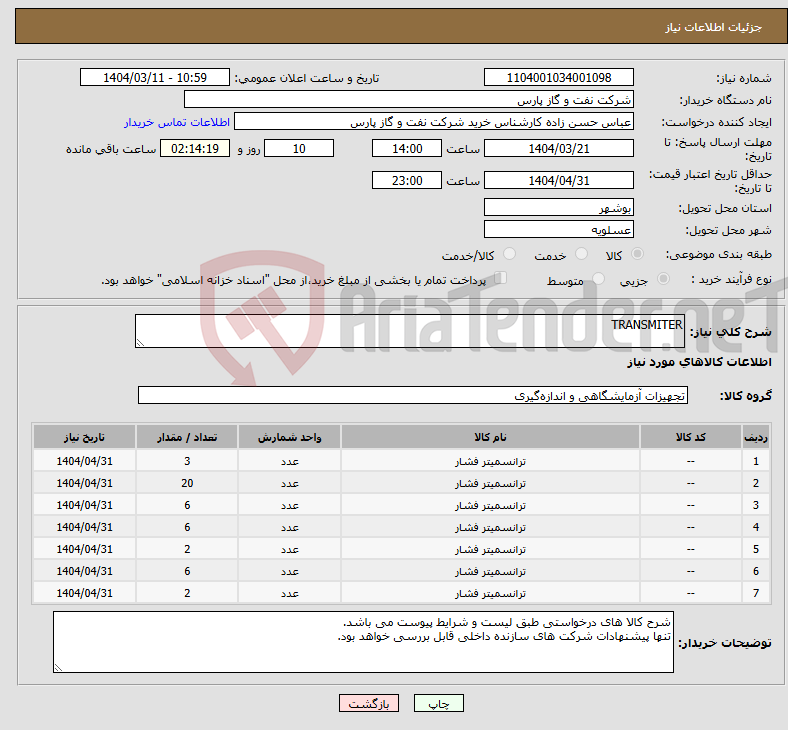 تصویر کوچک آگهی نیاز انتخاب تامین کننده-TRANSMITER