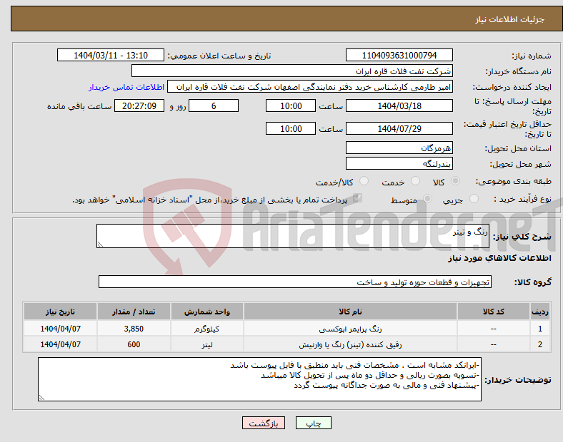 تصویر کوچک آگهی نیاز انتخاب تامین کننده-رنگ و تینر