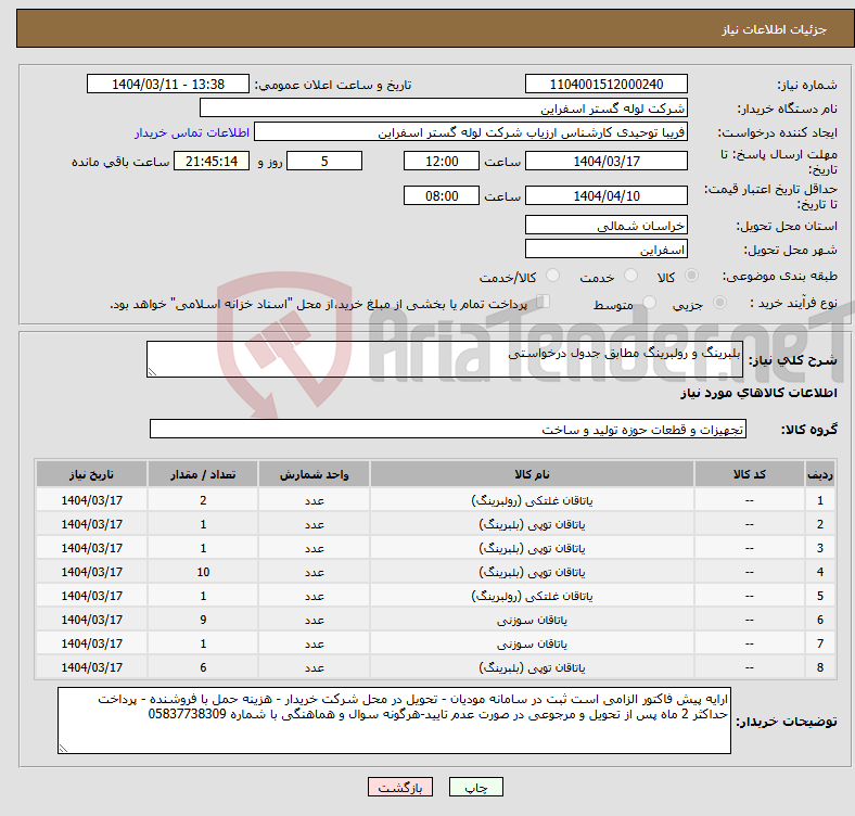 تصویر کوچک آگهی نیاز انتخاب تامین کننده-بلبرینگ و رولبرینگ مطابق جدول درخواستی