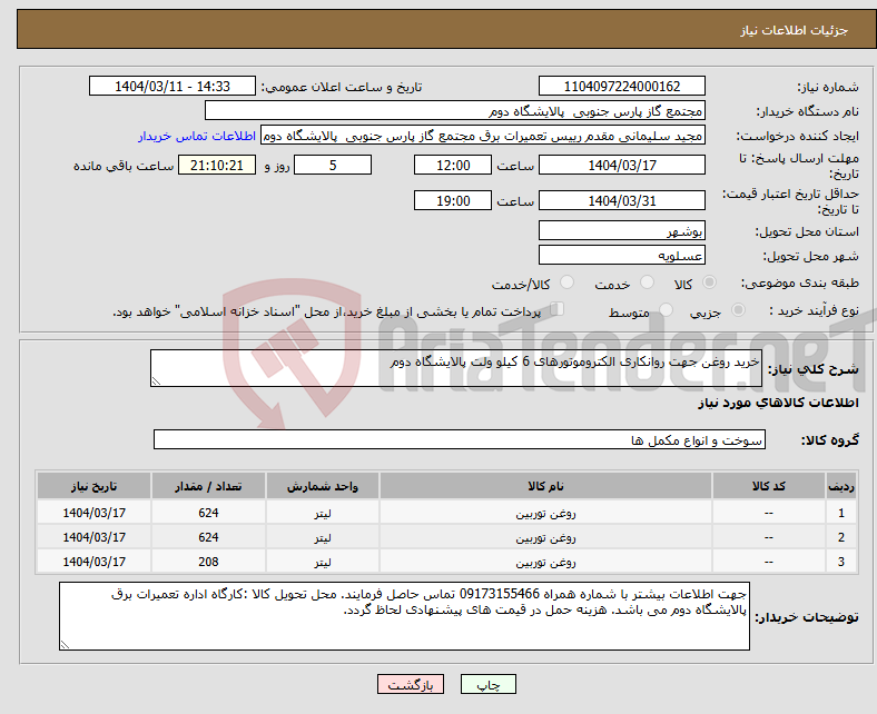 تصویر کوچک آگهی نیاز انتخاب تامین کننده-خرید روغن جهت روانکاری الکتروموتورهای 6 کیلو ولت پالایشگاه دوم