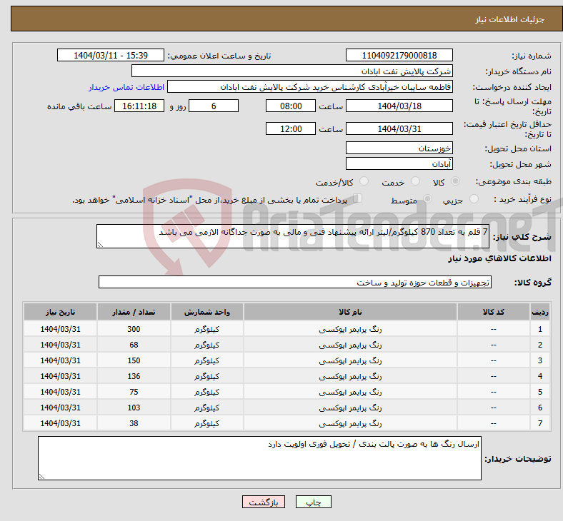 تصویر کوچک آگهی نیاز انتخاب تامین کننده-7 قلم به تعداد 870 کیلوگرم/لیتر ارائه پیشنهاد فنی و مالی به صورت جداگانه الازمی می باشد