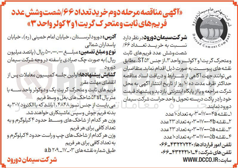تصویر کوچک آگهی خرید تعداد ۶۶ عدد فریم های ثابت و متحرک گریت ۱ و ۲ کولر واحد ۳ ، از جنس ST۵۲ 