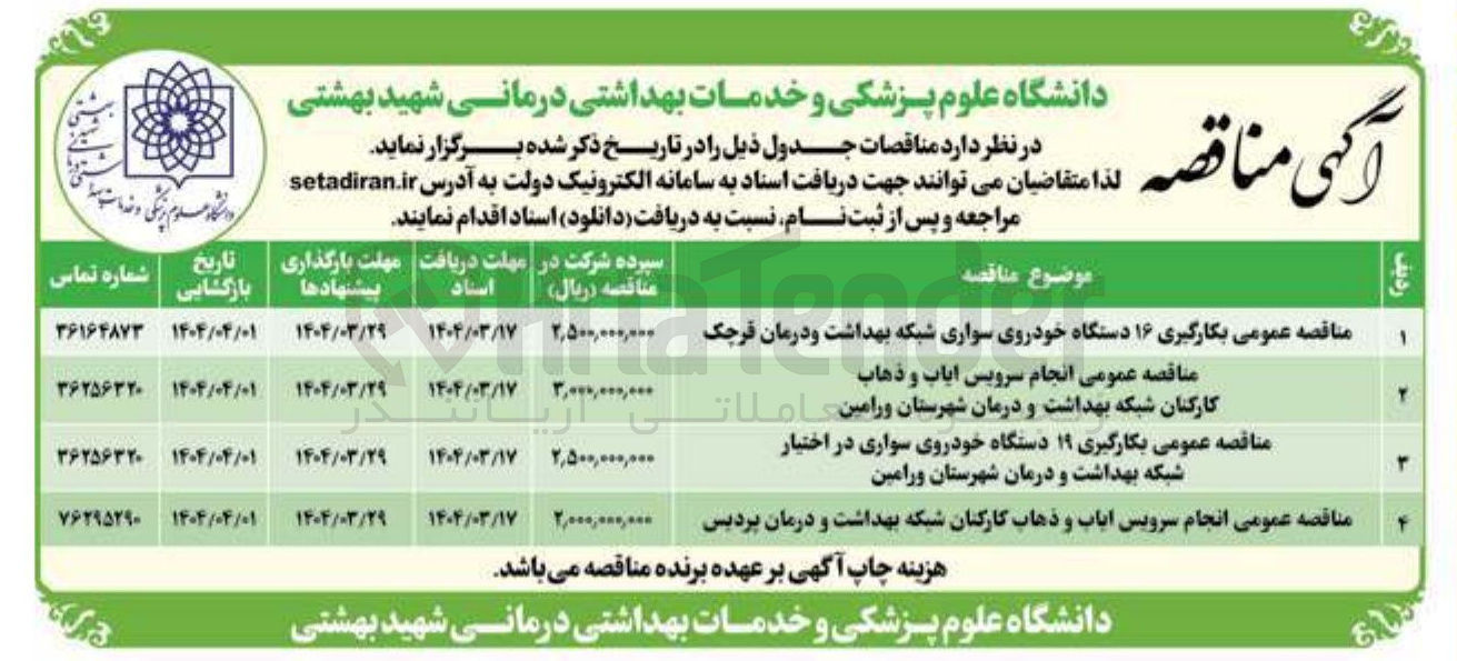 تصویر کوچک آگهی کارگیری ۱۹ دستگاه خودروی سواری