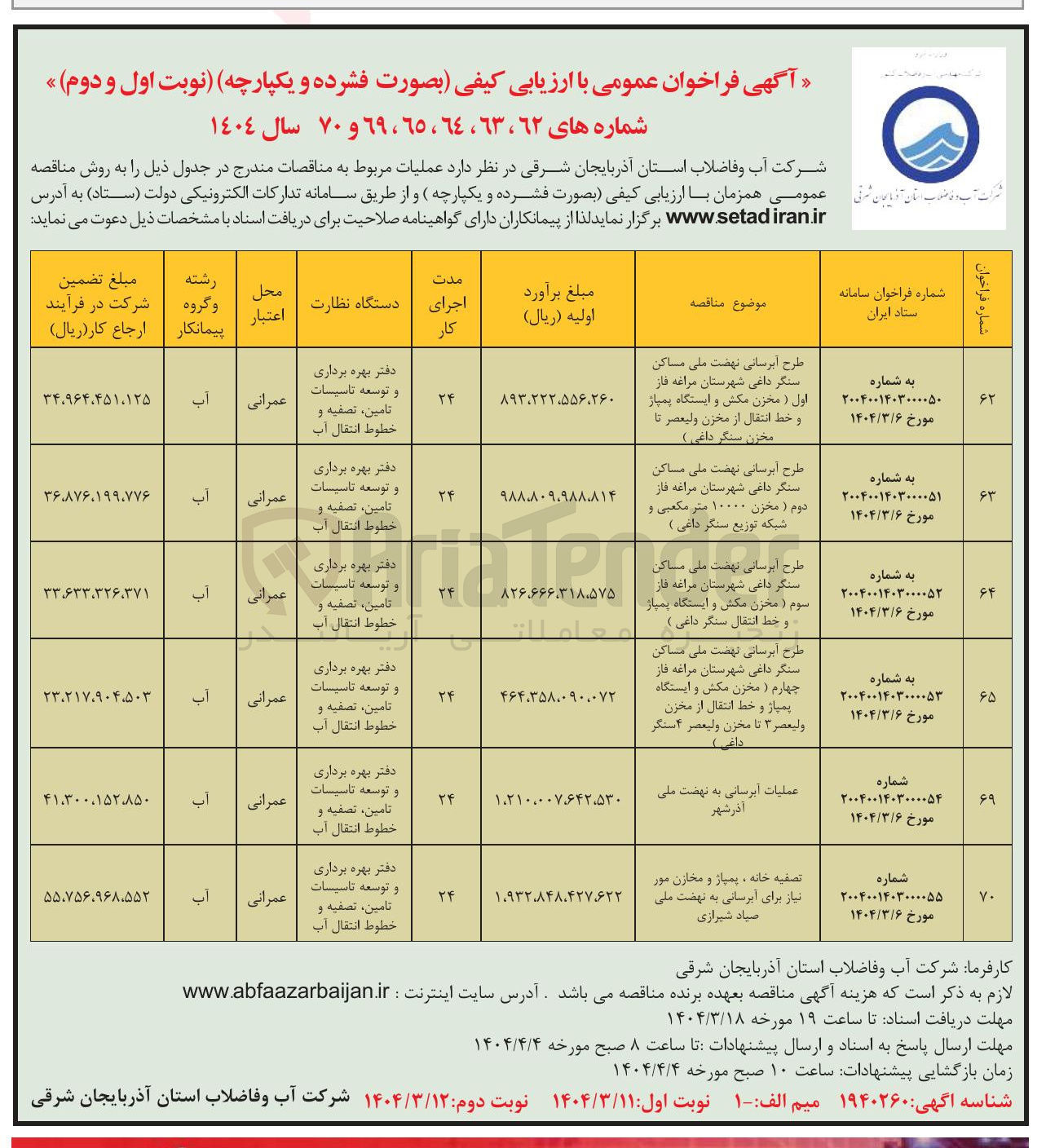 تصویر کوچک آگهی طرح ابرسانی ( مخزن مکش و ایستگاه پمیاز و خط انتقال از مخزن ولیعصر تا مخزن سنگر داغی ) 