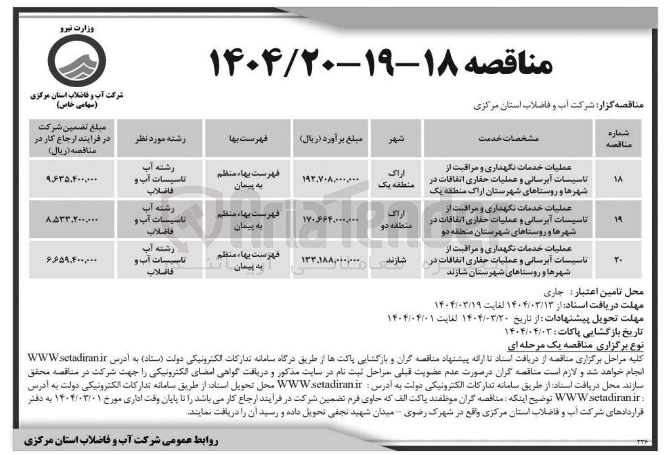 تصویر کوچک آگهی عملیات خدمات نگهداری و مراقبت از تاسیسات آبرسانی و عملیات حفاری اتفاقات