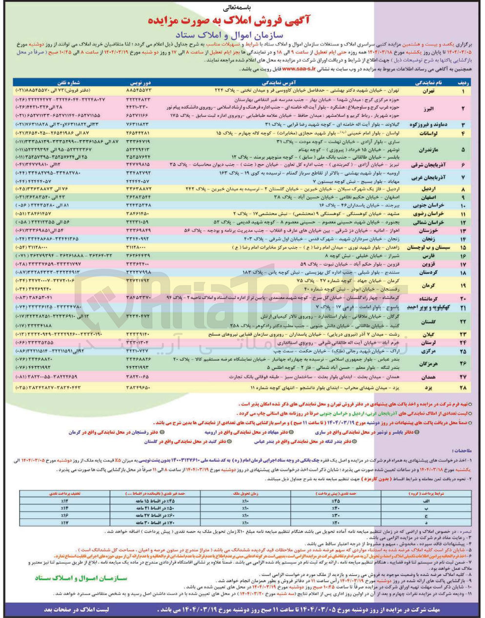 تصویر کوچک آگهی فروش املاک در استان های البرز - تهران - مازندران - آذربایجان شرقی و غربی - اردبیل - اصفهان -  خراسان جنوبی و شمالی و رضوی - خوزستان - زنجان - سیستان - فارس - قزوین - کردستان - کرمان - کرمانشاه - کهگیلویه - گلستان - گیلان - لرستان - مرکزی - هرمزگان - همدان - یزد