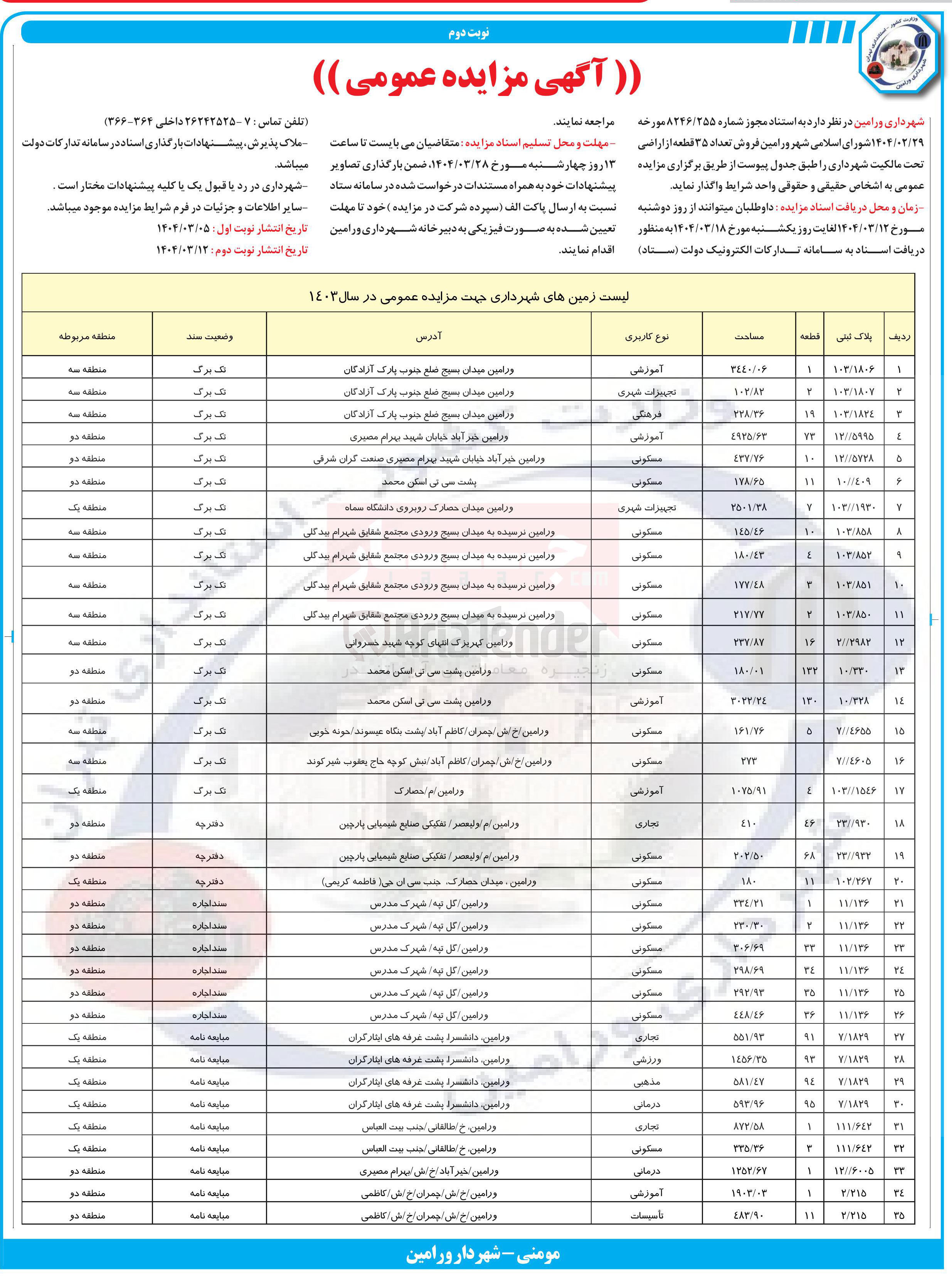 تصویر کوچک آگهی فروش تعداد ۳۵ قطعه از اراضی تحت مالکیت شهرداری با کاربری آموزشی - مسکونی - تجهیزات شهری - فرهنگی - تجاری - مذهبی - درمانی - ورزشی