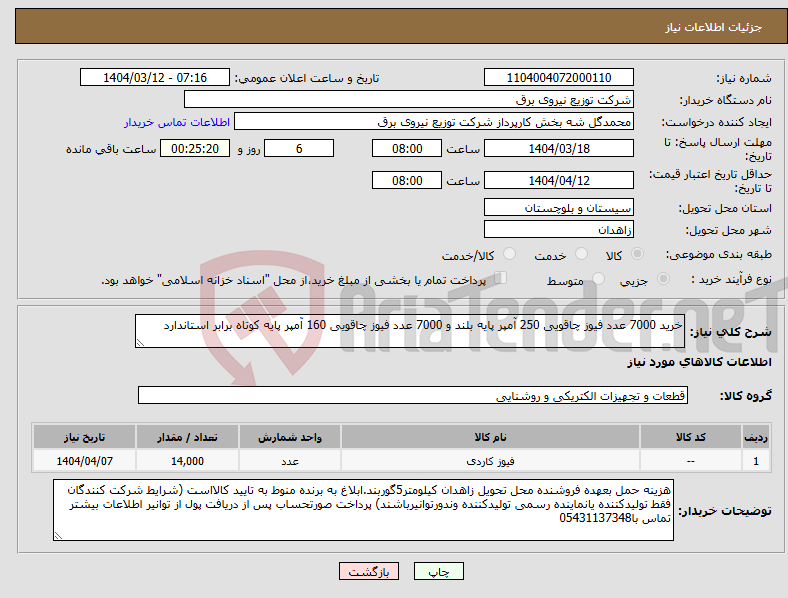 تصویر کوچک آگهی نیاز انتخاب تامین کننده-خرید 7000 عدد فیوز چاقویی 250 آمپر پایه بلند و 7000 عدد فیوز چاقویی 160 آمپر پایه کوتاه برابر استاندارد