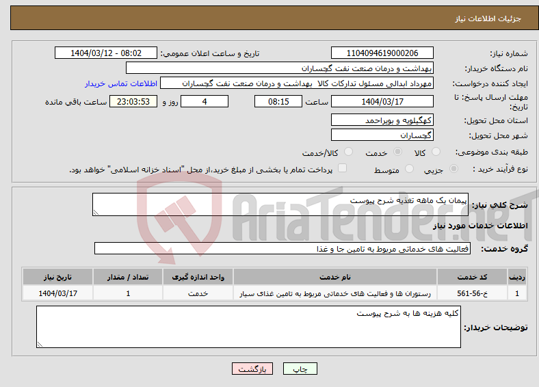 تصویر کوچک آگهی نیاز انتخاب تامین کننده-پیمان یک ماهه تغذیه شرح پیوست