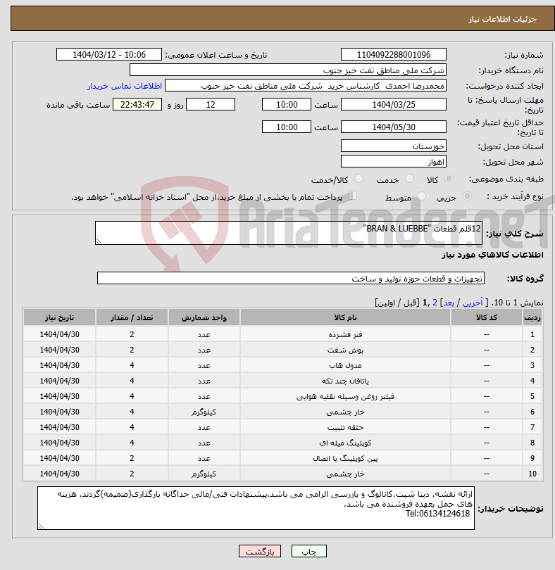 تصویر کوچک آگهی نیاز انتخاب تامین کننده-12قلم قطعات "BRAN & LUEBBE"