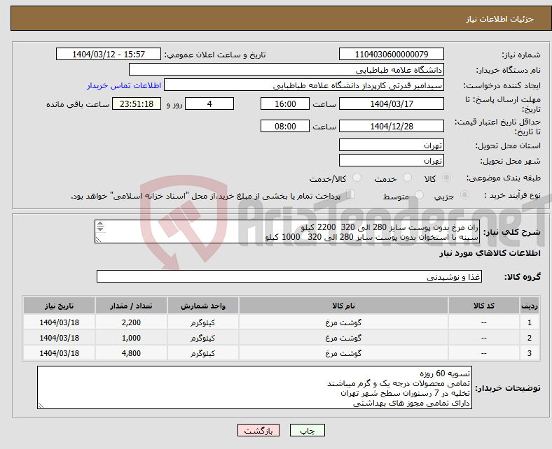 تصویر کوچک آگهی نیاز انتخاب تامین کننده-ران مرغ بدون پوست سایز 280 الی 320 2200 کیلو سینه با استخوان بدون پوست سایز 280 الی 320 1000 کیلو سینه شنیسلی بدون استخوان 4800 کیلو