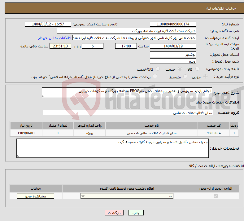 تصویر کوچک آگهی نیاز انتخاب تامین کننده-انجام بازدید سرویس و تعمیر سبدهای حمل نفرFROG منطقه بهرگان و سکوهای دریایی