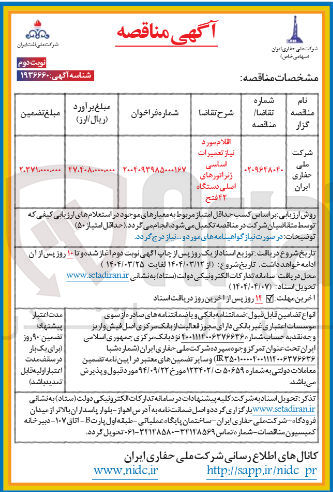 تصویر کوچک آگهی تامین اقلام مورد نیاز تعمیرات اساسی ژنراتورهای اصلی دستگاه 42 فتح 

