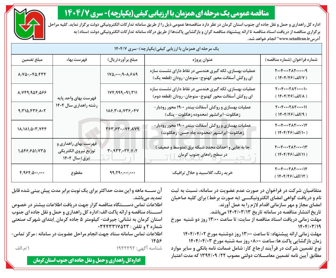 تصویر کوچک آگهی عملیات بهسازی لکه گیری هندسی در نقاط دارای نشست سازه ای روکش آسفالت