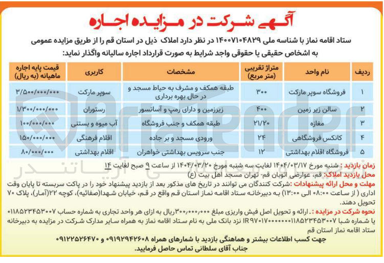 تصویر کوچک آگهی فروش املاک در 5 ردیف با کاربری سوپرمارکت - رستوران - آب میوه و بستنی - اقلام فرهنگی بهداشتی