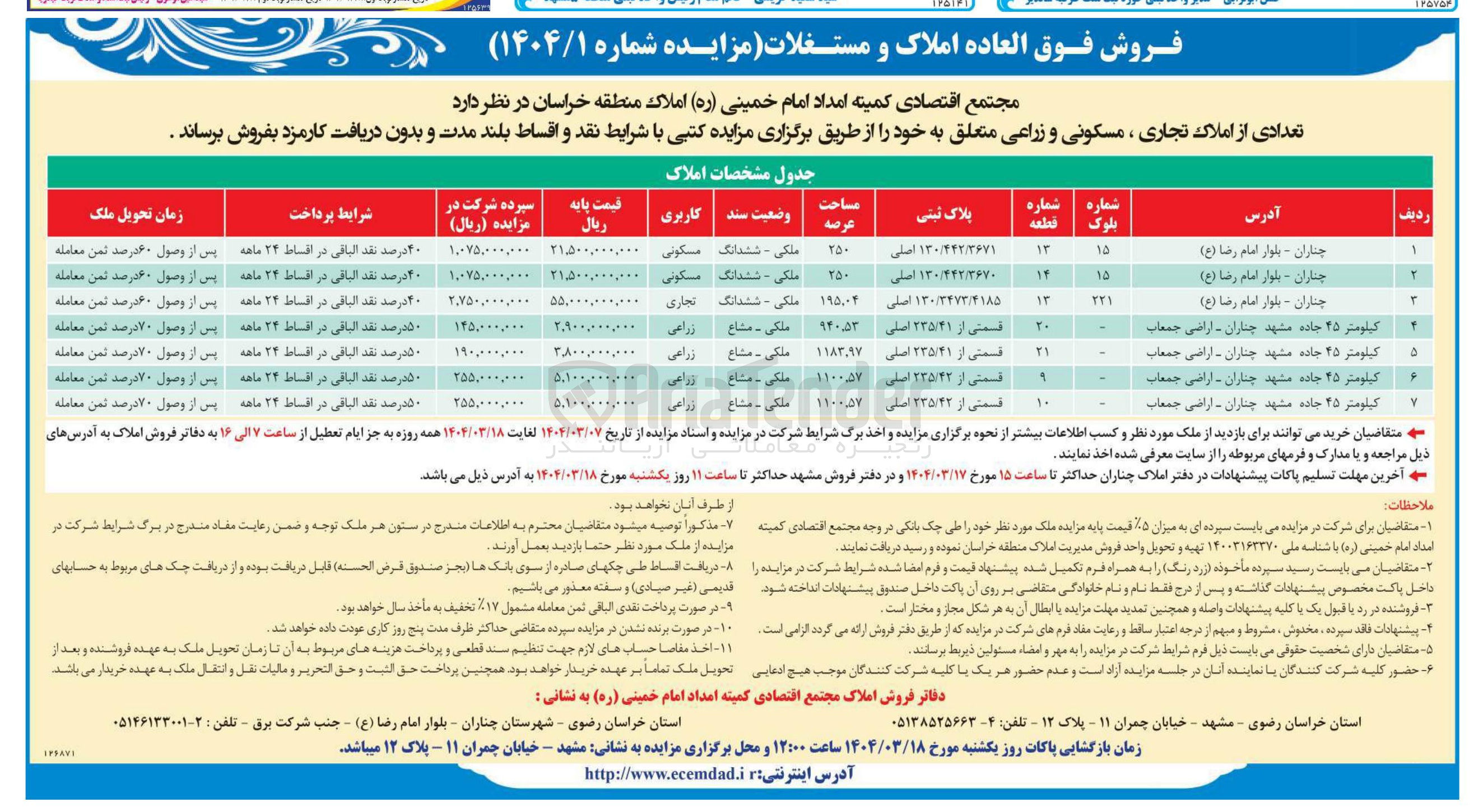 تصویر کوچک آگهی فروش تعدادی از املاک تجاری ، مسکونی و زراعی در 7 ردیف