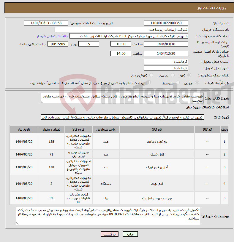 تصویر کوچک آگهی نیاز انتخاب تامین کننده-فهرست مقادیر خرید تجهیزات دیتا و سوئیچ انواع پچ کورد ، کابل شبکه مطابق مشخصات فنی و فهرست مقادیر پیوست 