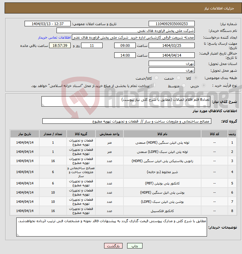 تصویر کوچک آگهی نیاز انتخاب تامین کننده-تعداد8 قلم اقلام اتصالات (مطابق با شرح کلی نیاز پیوست)