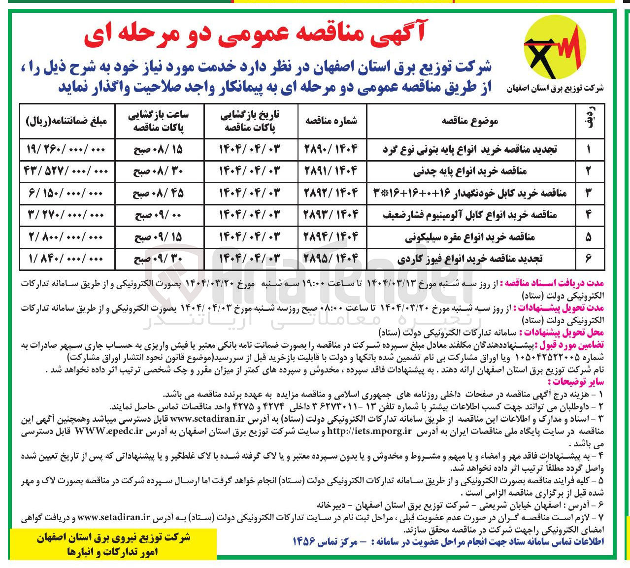 تصویر کوچک آگهی تجدید مناقصه خرید انواع فیوز کاردی 
