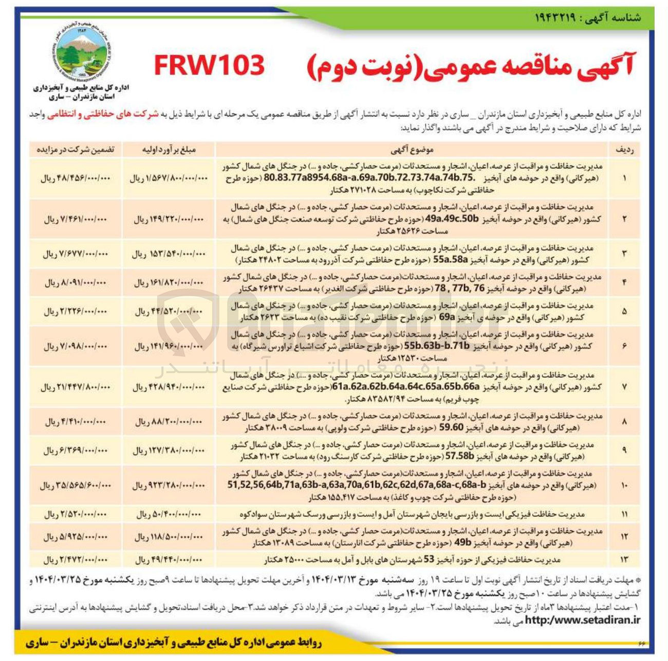 تصویر کوچک آگهی مدیریت حفاظت و مراقبت از عرضه اعیان اشجار و مستحدثات مرمت حصار کشی جاده و ... ) . در جنگل های شمال کشور ( هیرکانی ) به مساحت ۱۲۵۳۰ هکتار