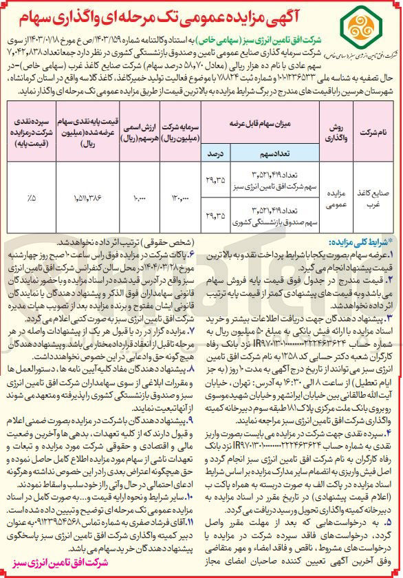 تصویر کوچک آگهی فروش  جمعا تعداد ۷,۰۴۲,۸۳۸ سهم عادی با نام ده هزار ریالی ( معادل ۵۸,۷۰ درصد سهام) شرکت صنایع کاغذ غرب