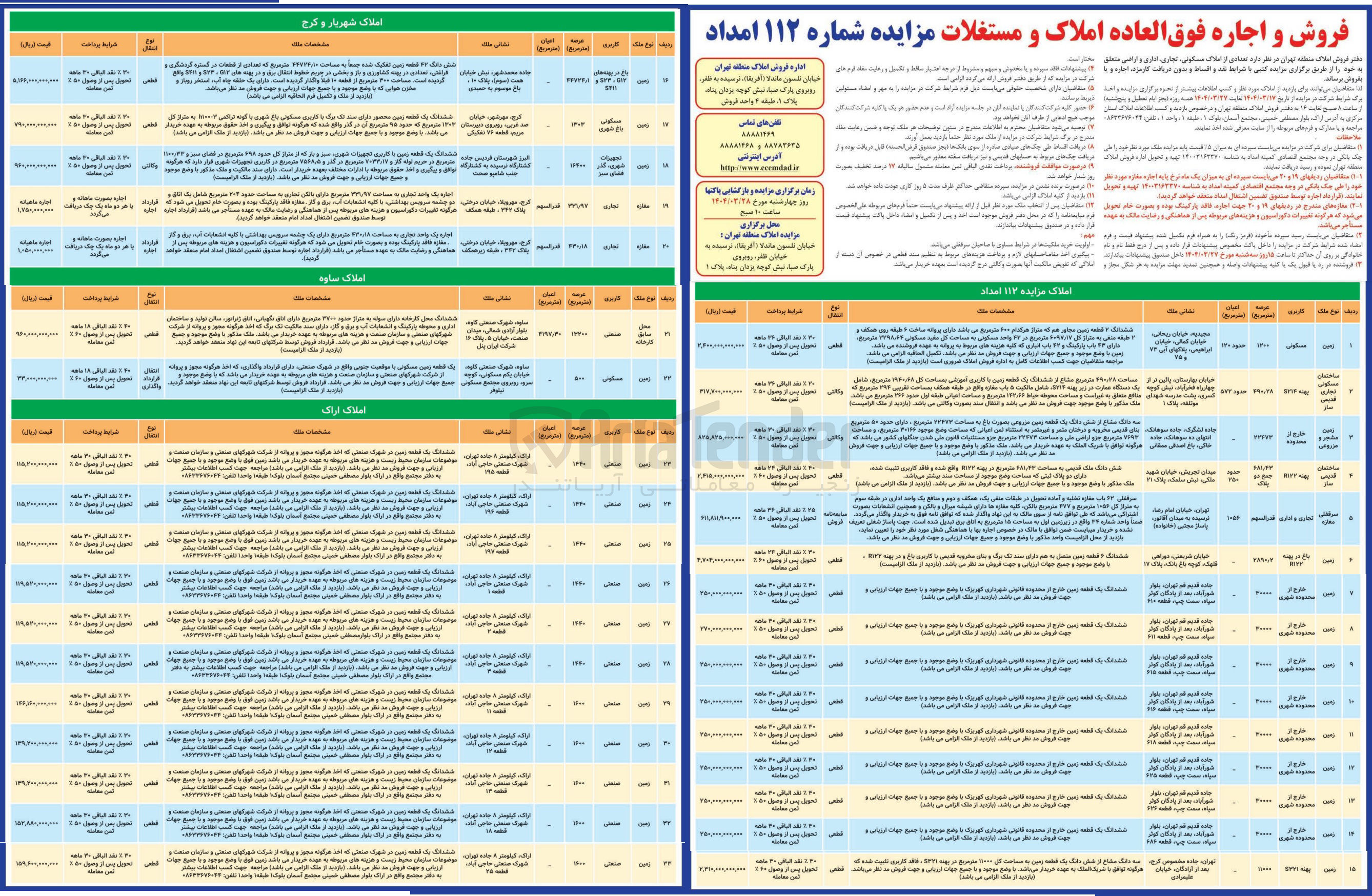 تصویر کوچک آگهی فروش تعدادی از املاک مسکونی تجاری اداری و اراضی در 33 ردیف