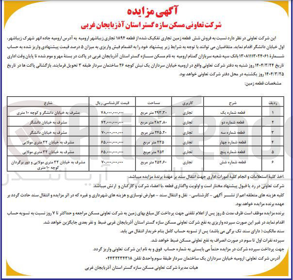 تصویر کوچک آگهی  فروش شش قطعه زمین تجاری تفکیک شده از قطعه ۱۸۹۴ تجاری 