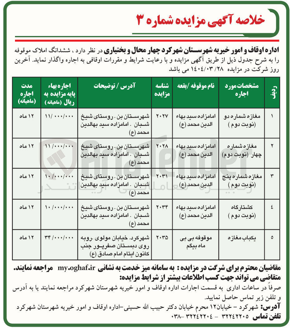تصویر کوچک آگهی اجاره 5 ردیف از املاک تجاری و کشتارگاه