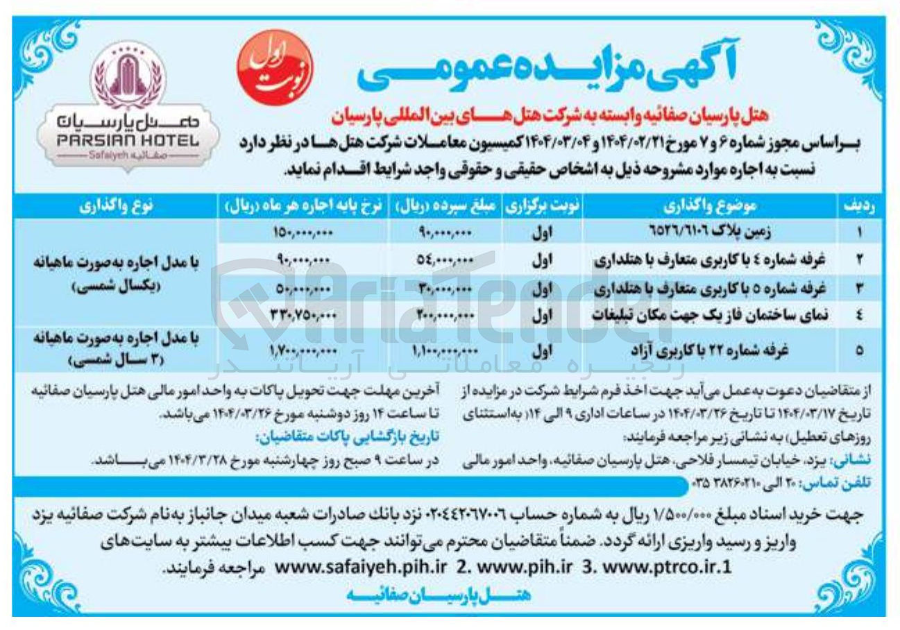 تصویر کوچک آگهی اجاره زمین پلاک ٦٥٢٦/٦١٠٦ - غرفه شماره 4 و 5 با کاربری متعارف با هتلداری - نمای ساختمان فاز یک جهت مکان تبلیغات - غرفه شماره ۲۲ با کاربری آزاد