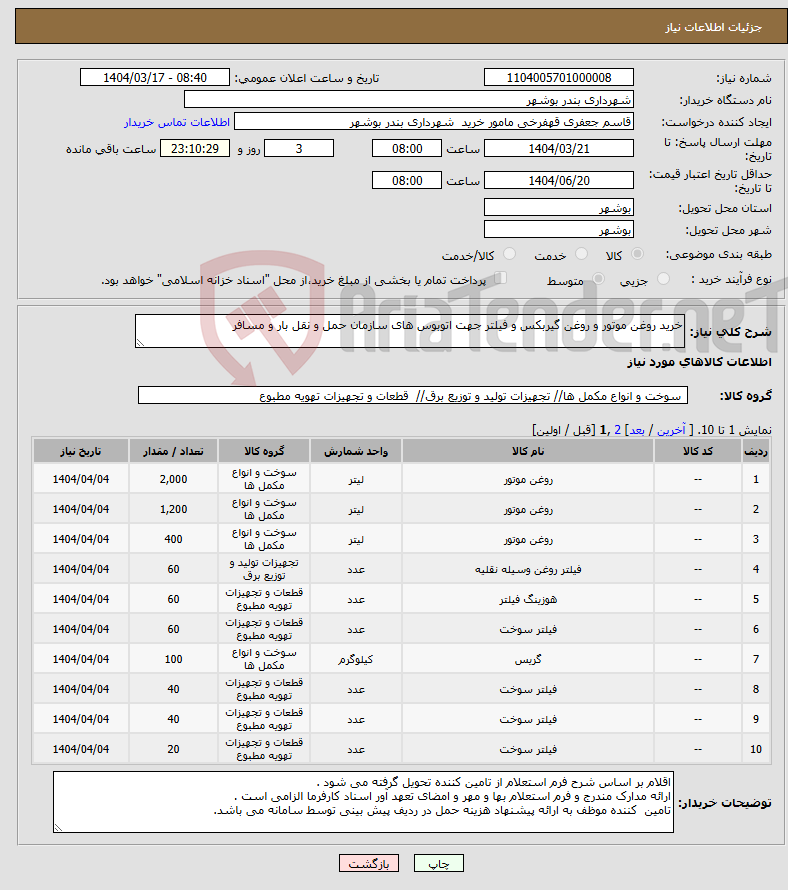 تصویر کوچک آگهی نیاز انتخاب تامین کننده-خرید روغن موتور و روغن گیربکس و فیلتر جهت اتوبوس های سازمان حمل و نقل بار و مسافر 