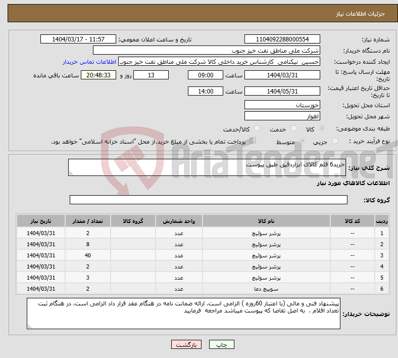 تصویر کوچک آگهی نیاز انتخاب تامین کننده-خرید6 قلم کالای ابزاردقیق طبق پیوست