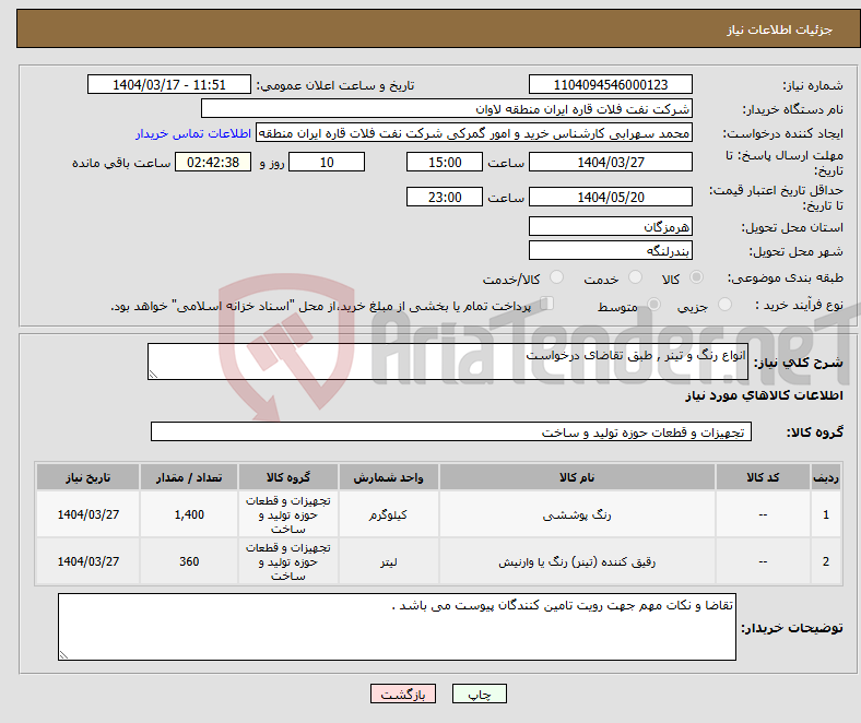 تصویر کوچک آگهی نیاز انتخاب تامین کننده-انواع رنگ و تینر , طبق تقاضای درخواست