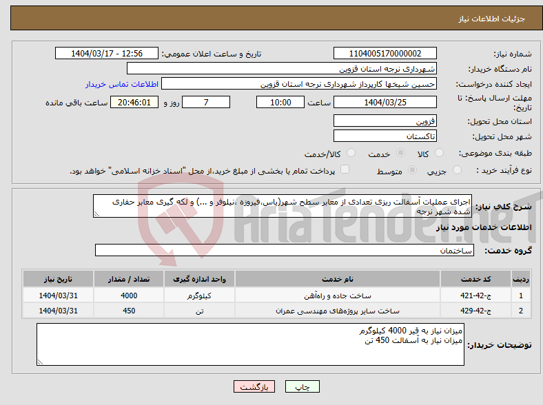 تصویر کوچک آگهی نیاز انتخاب تامین کننده-اجرای عملیات آسفالت ریزی تعدادی از معابر سطح شهر(یاس،فیروزه ،نیلوفر و ...) و لکه گیری معابر حفاری شده شهر نرجه
