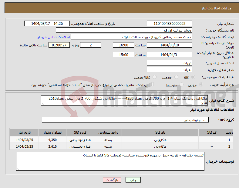 تصویر کوچک آگهی نیاز انتخاب تامین کننده-ماکارانی برند تک سایز 1.4 وزن 700 گرمی تعداد 4350--------ماکارنی شکلی 700 گرمی پیچی تعداد2610 عدد