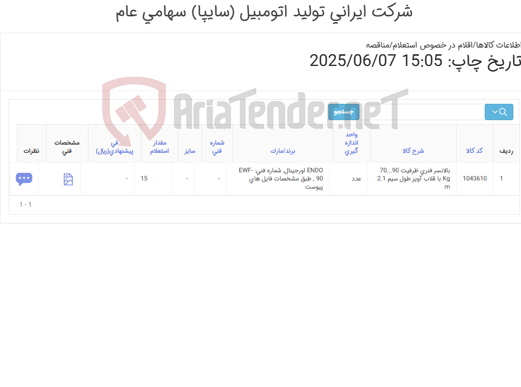 تصویر کوچک آگهی تامین یک ردیف بالانسرفنری‏