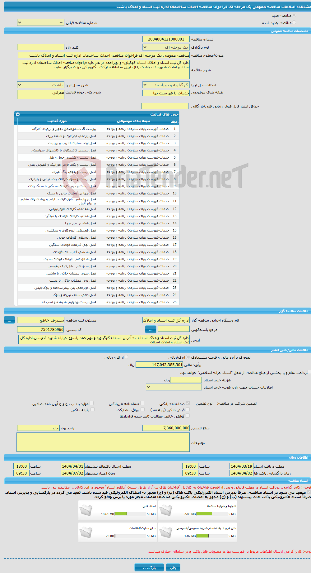 تصویر کوچک آگهی مناقصه عمومی یک مرحله ای فراخوان مناقصه احداث ساختمان اداره ثبت اسناد و املاک باشت